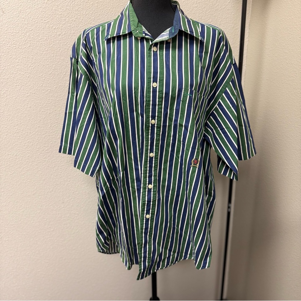Vintage Tommy Hilfiger Green & Blue Striped Button Up Short Sleeve Shirt. XL